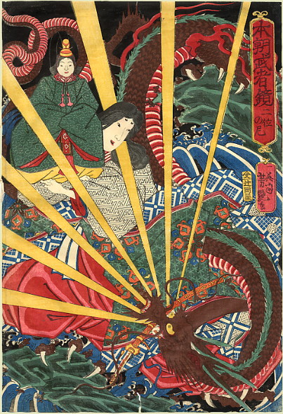 Yoshitsuya Ichieisai  The Fiery Dragon  c. 1860s. 10.75inch by 14.25. The print depicts Nii no Ama rescuing the young emperor  Antoku  from a dragon