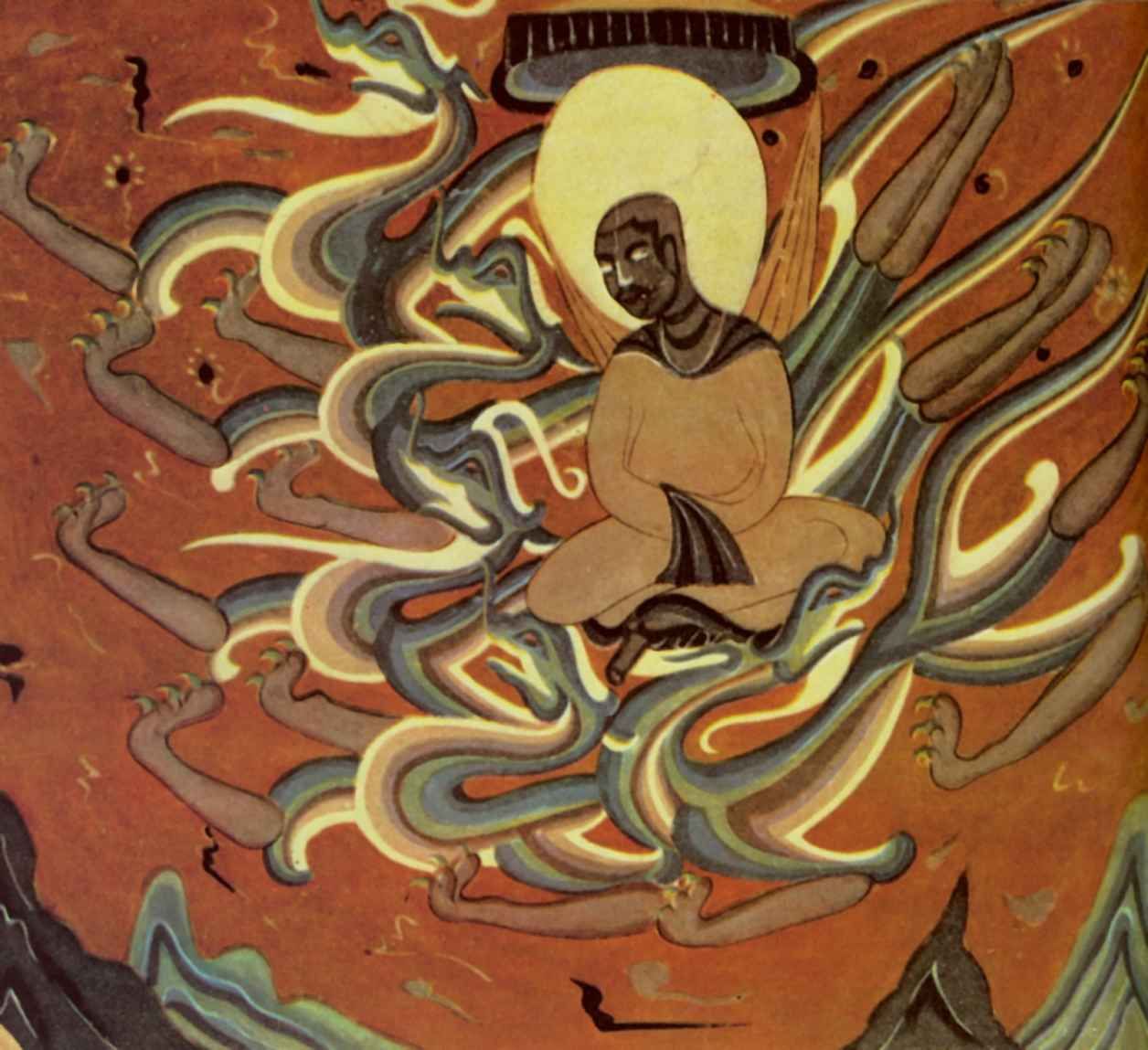 Буддийское божество на драконе. Фрагмент настенной росписи в пещерном монастыре Цяньфодун (Дуньхуан) <br>5-6 века <br>Провинция Ганьсу 
