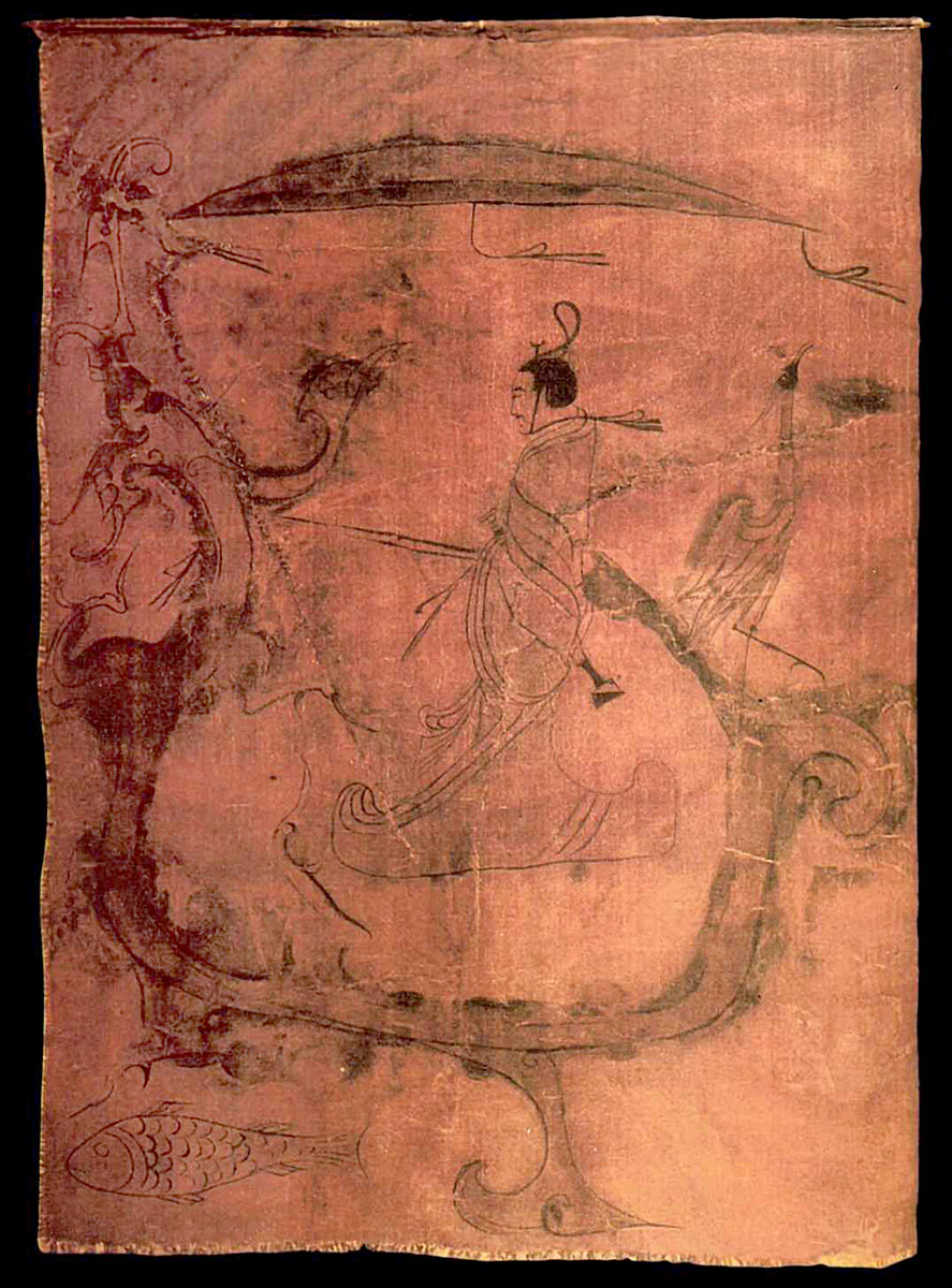 Погребальный стяг с изображением усопшего в окружении священных животных<br> 5 - 3 вв. до н.э.<br> Шелк, роспись 