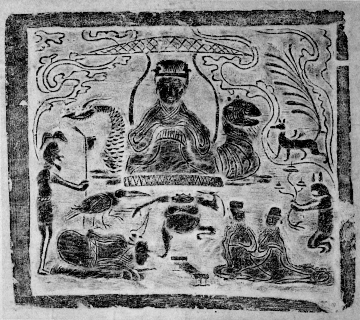 Рельеф с изображением богини Си Ванму в окружении зверей (прорисовка)