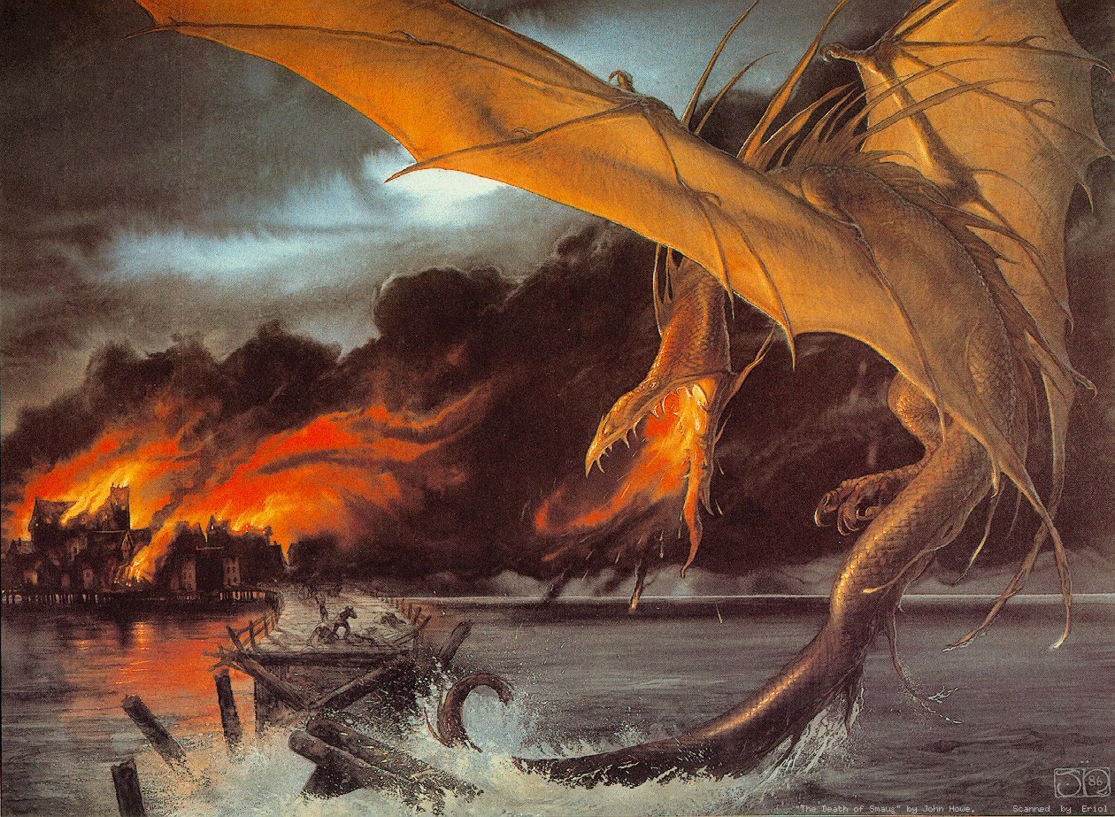 John-Howe-Smaug-Over-Esgaroth